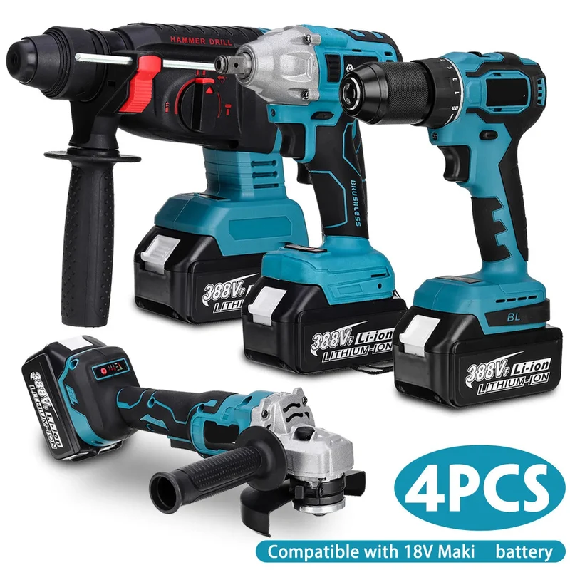 4-in-1 Boorset – Elektrisch Gereedschapset – Accu Gereedschapset – Klusset – Slagmoersleutel – Krachtige 800 Nm Torque – Draadloos Met Li-ion Batterijen - met 2 Batterij