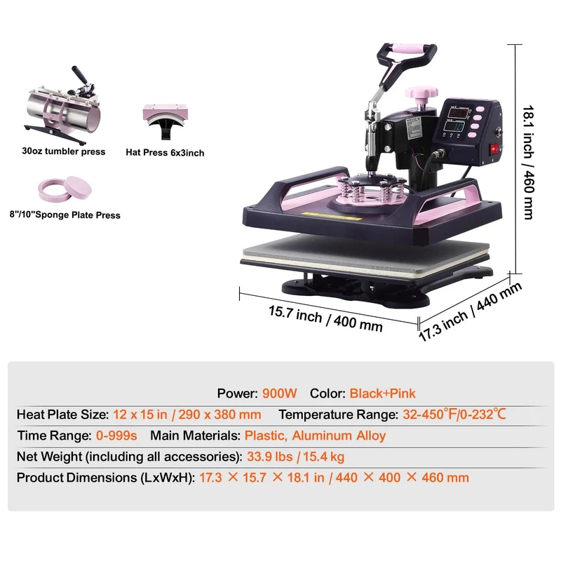 Warmtepers 5-in-1 – Hittepers – Transferpers – Textielpers – Sublimatiepers – Digitale Bediening – Veilig Met Zwenkarm – 12x15 Inch