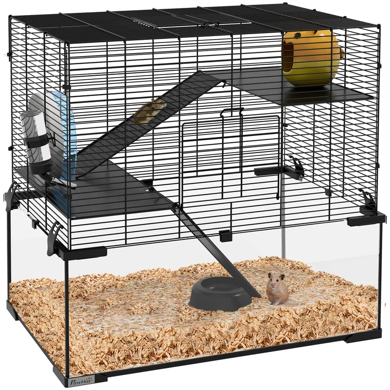 Hamsterkooi – Knaagdierenkooi – Hamsterhok – Dwerghamster Kooi – Hamsterhuis – 3-laags Ontwerp – Glazen Bodem - 60 x 40 x 54,5 cm - Zwart