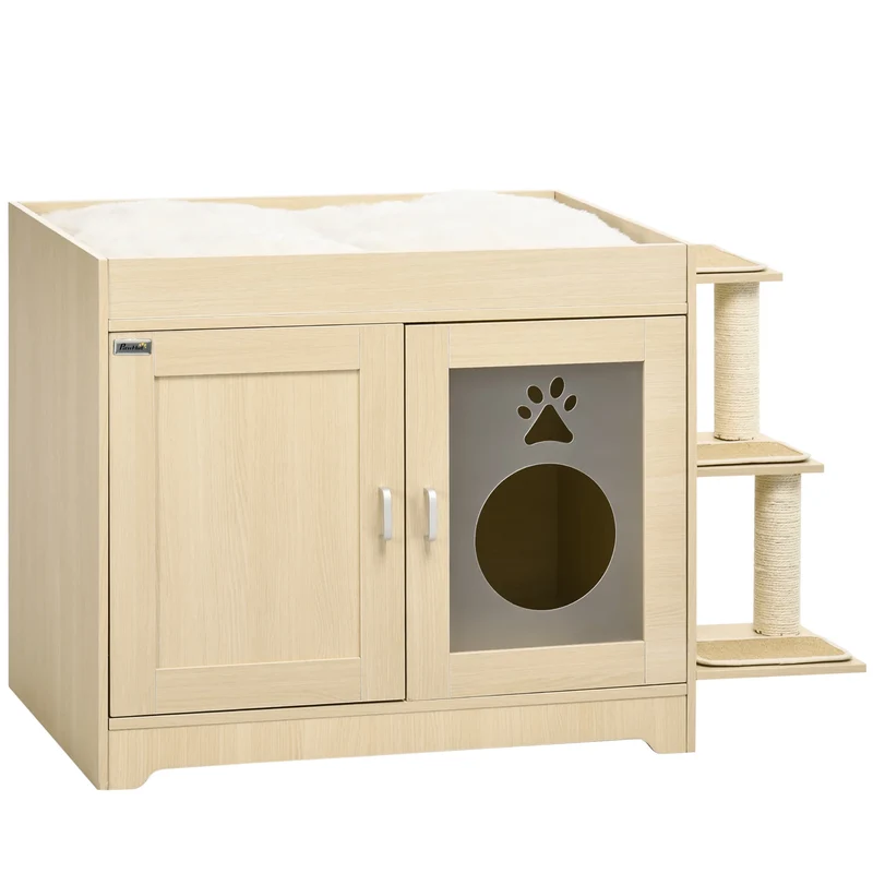 Kattenbakhuisje – Kattenbak Kast – Kattenhuis – Kattenmeubel – Kattenbak Omsluiting – Luxe Pluche Bekleding – Afmetingen 107x54x70 cm - Eik