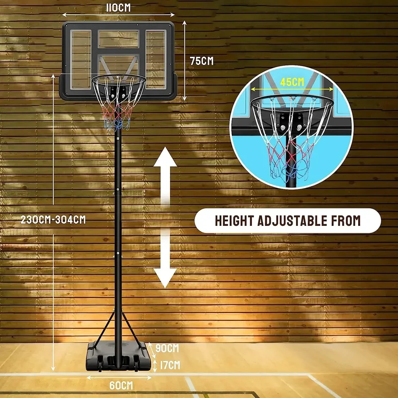 Verplaatsbare Basketbalring – Mobiele Basketbaldoel – Basketbalset – Basketbalring Met Net – Verstelbare Hoogte 230-304 cm – Weerbestendig Staal & PVC - Zwart