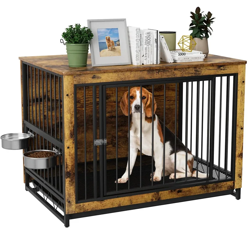Hondenbench – Hondenkooi – Hondenhok – Hondenmand – Hondenren – Houten Design – 360° Draaibare RVS Eetbakken – Stevig Stalen Frame 100kg Belastbaar - 44inch - Brown