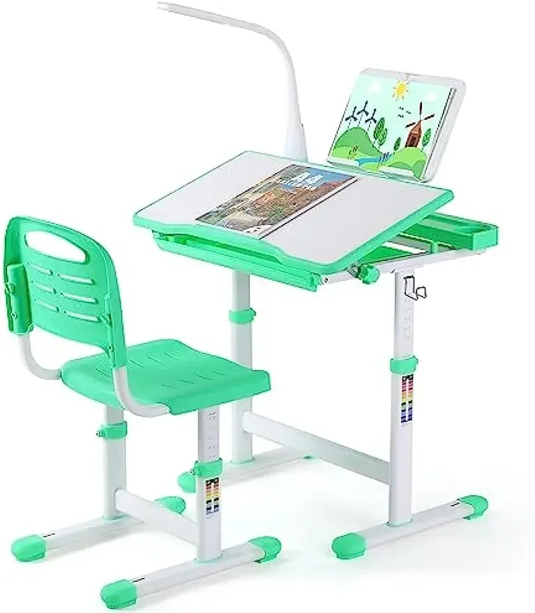Kinderbureau en Stoel Set – Kindermeubel – Schrijftafel – Studiebureau – Kinderwerkplek – Verstelbare Hoogte 54-76 cm – LED Leeslamp met 3 Helderheidsniveaus - Lichtgroen