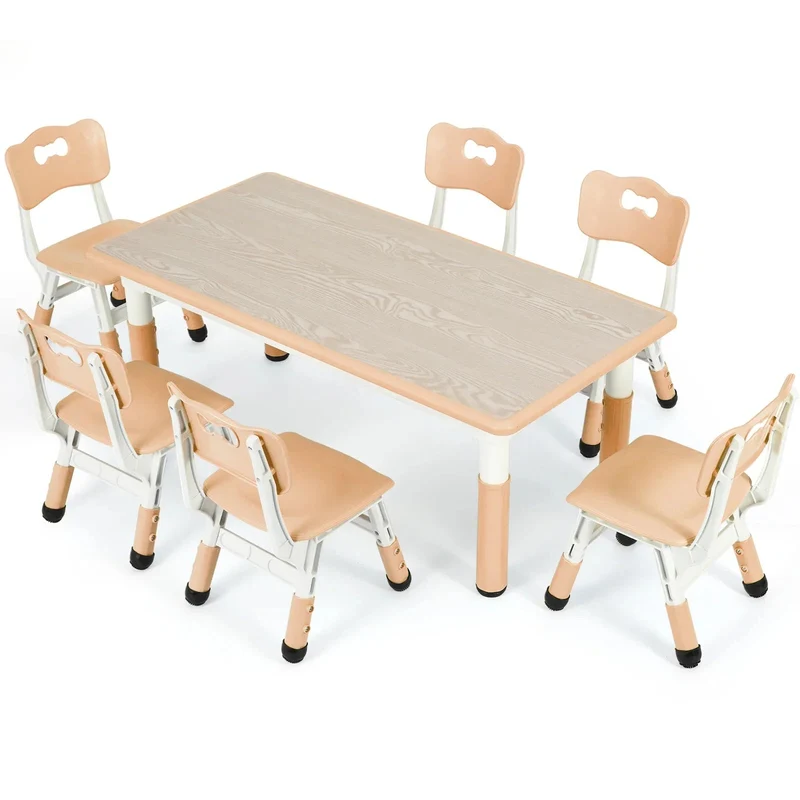 Kinder Tafel Met 6 Stoelen – Kindertafel Set – Speeltafel – Knutseltafel – Kindermeubel – Verstelbare Hoogte – Duurzaam Kunststof En Houtlook - Geel