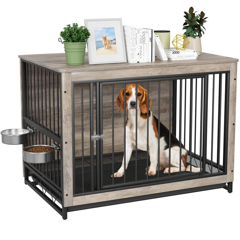 Houten Hondenkennel – Hondenbench – Hondenkooi – Hondenhok – Hondentuin – 2 Verstelbare Roestvrijstalen Voederbakken – Robuust MDF En Stalen Frame – Geschikt Voor Middelgrote Honden - 39inch - Grijs