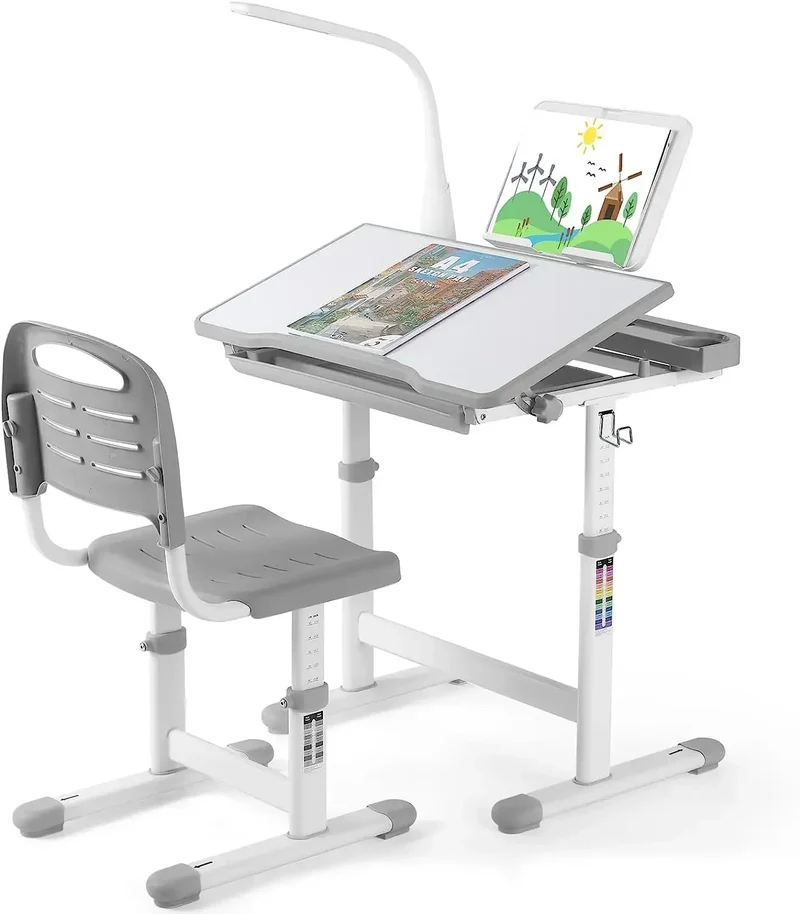 Kinderbureau – Kindertafel – Kinderschrijftafel – Kinderwerkplek – Kinderbureau Met Stoel – Verstelbaar In Hoogte – Inclusief Leeslamp Met Lade – Donkergrijs