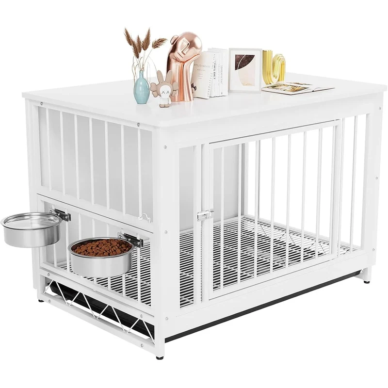 Hondenbench – Hondenkooi – Hondenhok – Hondenbench houten – Hondenbench medium – 2 Draaibare Roestvrijstalen Voerbakken – Stevige MDF Houten Constructie- 39inch - Wit