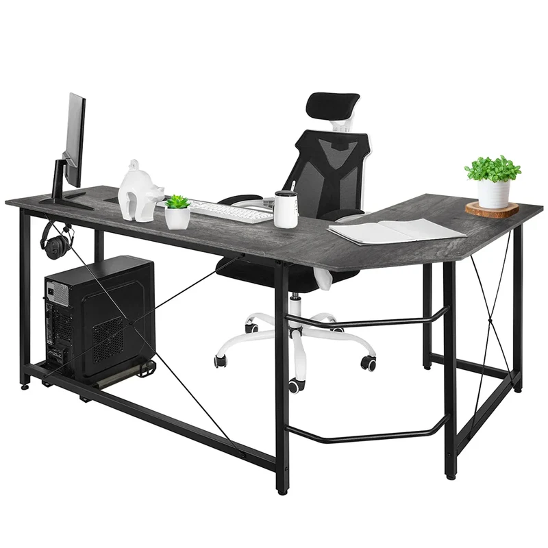 L-Shape Bureau Donkergrijs – Hoekbureau – Computerbureau – Werkplekbureau – Gamersbureau – Stevig MDF Blad – Verstelbare Pootdop - Donkergrijs