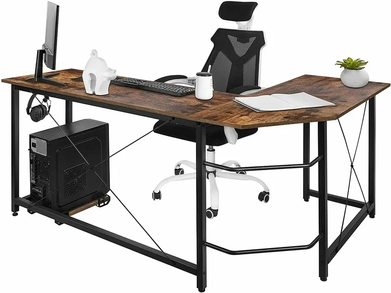 L-vormig Bureau – Hoekbureau – Computertafel – Werkplek Bureau – Gaming Desk – Retro Design – MDF Blad met Stabiel Metalen Frame – Inclusief CPU-standaard