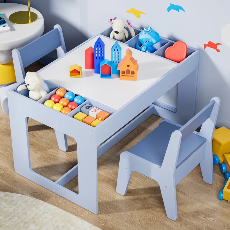 Kindertafel Met 2 Stoeltjes – Speeltafel – Tafelset – Kindertafel Hout – Krijtbord Tafel – Multifunctioneel – Met Opbergruimte