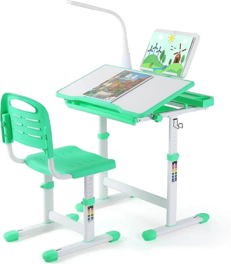 Kinderbureau – Kinderbureau Met Stoel – Kinderstudietafel – Kindertafel – Kinderbureau Met LED Bureaulamp – Verstelbare Hoogte 54-76,5 cm – Kantelbaar Tafelblad Tot 50°