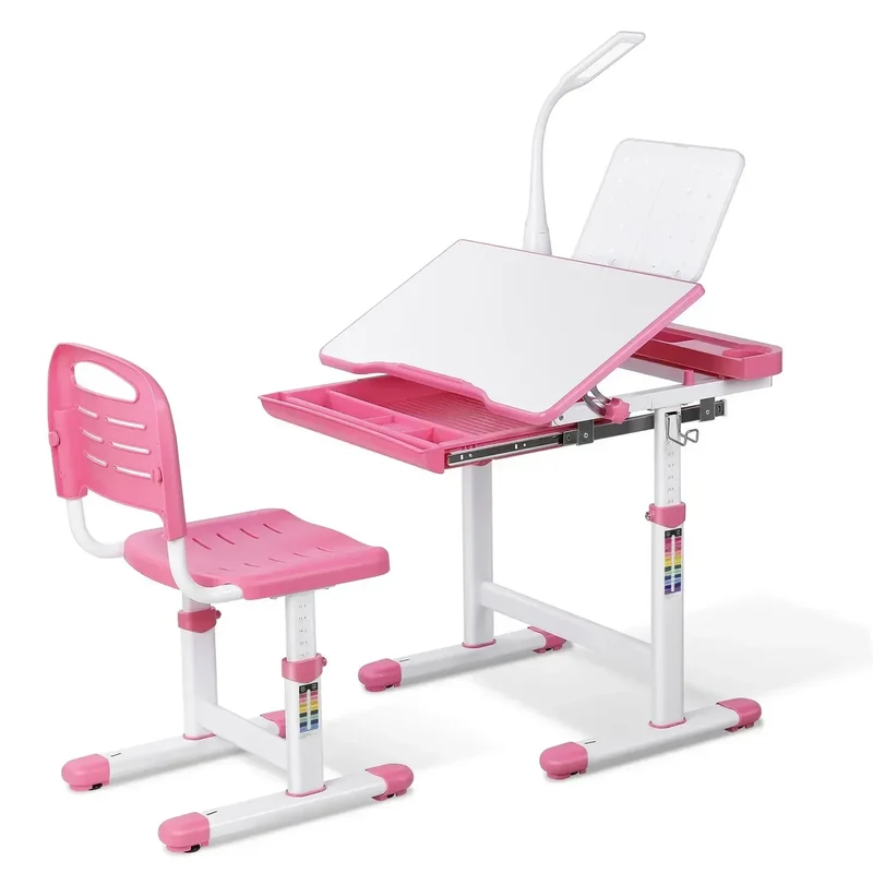 Kinderbureau – Kinderbureau Met Stoel – Verstelbaar Bureau – Studiebureau – Bureau Met LED-lamp – Ergonomisch Verstelbaar – Veilig En Stevig Design