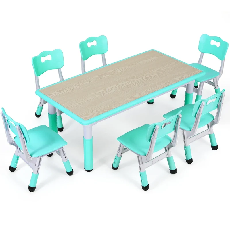 Kindermeubelset – Kinderstoel en Tafel – Speelset Kind – Verstelbare Kindermeubelen – Kindertafel Met 6 Stuks Stoelen – Verstelbare Hoogte – Duurzaam Kunststof Houtlook - Lichtgroen