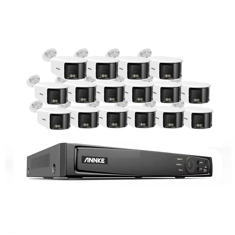 Beveiligingssysteem – CCTV Set – IP Camera Systeem – Surveillance Camera – 16-Kanaals NVR Recorder – 16x 8MP Dual-Lens Camera’s – 180° Panoramisch Zicht – Actieve Afsluiting Met Geluid En Licht