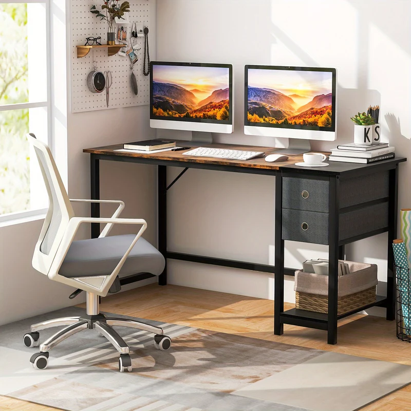 Bureau – Computertafel – Hoekbureau – Gamebureau – Werkplek – Rustiek Bruin – MDF & Metaal – 140 cm Breed Werkblad – 2 Uittrekbare Lades