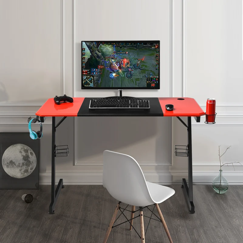 Gaming Bureau – Gaming Desk – Computertafel – Werktafel – Schrijftafel – Zwart Met Rood – Ruim MDF Tafelblad – Stevige Z-Vormige Metalen Poot