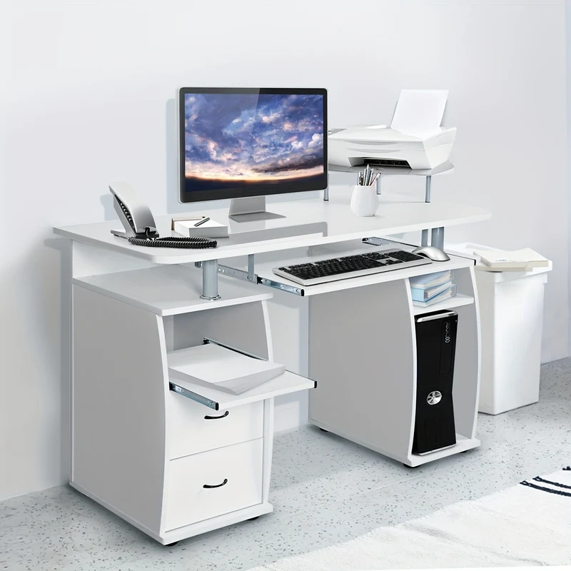 Bureau – Werkplek Meubel – Schrijftafel – Tafel – Computertafel – Wit – Met 2 Lades – Stevig MDF En Staal