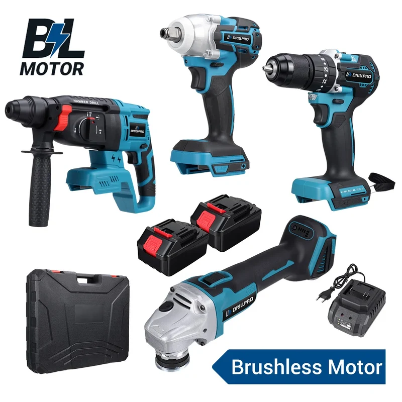 Drillpro 4pcs Power Tool Set 800N.m Electric Wrench 125mm Angle Grinder Brushless Electric Hammer 10mm Drill w/ 2 Battery