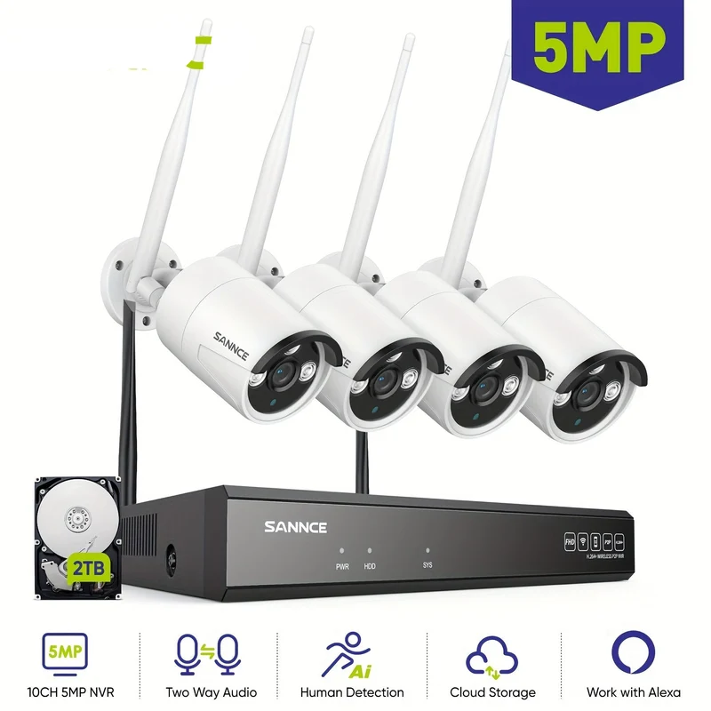 Bewakingscamera Set – Beveiligingscamera Set – Camerabewaking – Wifi Beveiligingscamera – IP Camera Set – 4x 5MP Draadloze Camera’s – 2TB Opslag – Netstroom Aansluiting