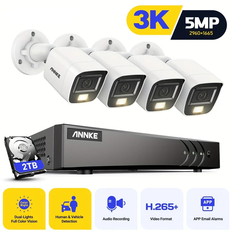 Beveiligingscamera Set – Camerasysteem – Bewakingscamera – Videobewaking – Surveillance Kit – 4 Camera’s 3K Resolutie – 2TB HDD Opslag & Intelligente Bewegingsdetectie