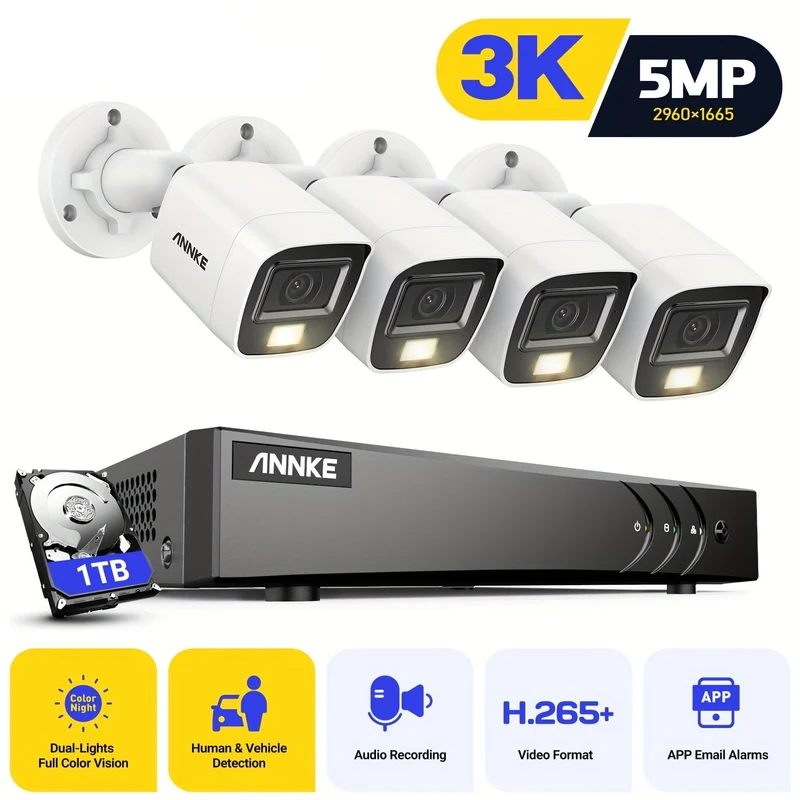 Beveiligingscamera – Bewakingscamera – Camerabewaking – IP Camera – Beveiligingssysteem – 4-delige set met 1TB HDD – 3K Ultra HD & Kleurennachtzicht