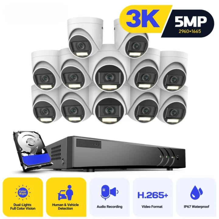 16-Kanaals Bewakingssysteem – Beveiligingscamera Set – CCTV Systeem – Surveillance Systeem – DVR Recorder – 8x 5MP Camera’s – IP67 Weerbestendig – 3K Resolutie Nachtzicht - 1TB