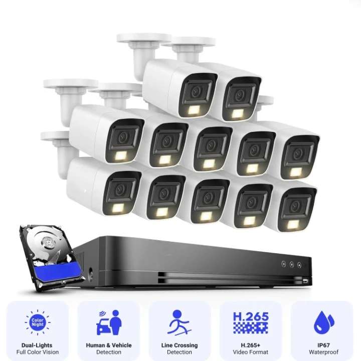 4K 16-kanaals Beveiligingsset – DVR Camerasysteem – Video Bewaking – CCTV Set – NVR Kit – 8 Draadgebonden Camera’s – Nachtzicht Dual Light – IP67 Weerbestendig - 4TB