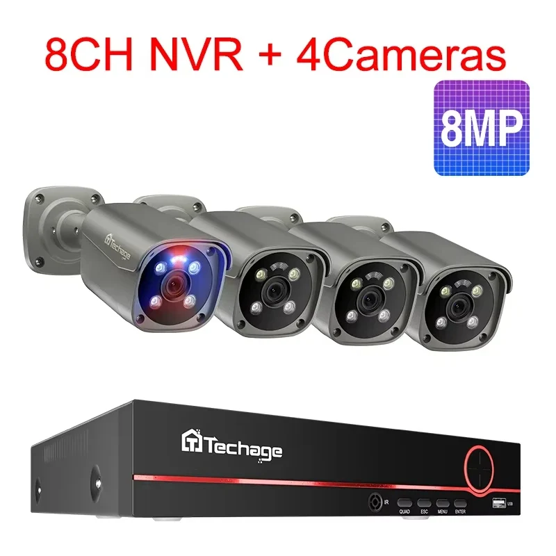 8-kanaals 8MP POE CCTV Beveiligingsset – IP Camera Beveiliging – Beveiligingscamera Set – Video Toezicht Systeem – Surveillance Cameras – 4 Camera’s met Tweeweg Audio – 4TB HDD Opslag