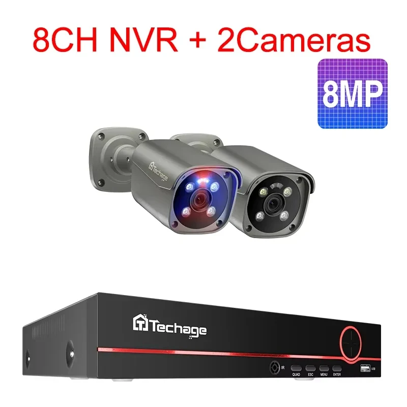8-kanaals 8MP PoE IP Beveiligingssysteem – Beveiligingscamera Set – CCTV Systeem – Video Bewaking – NVR Recorder – Full Color Nachtvisie – Twee-weg Audio – 1TB HDD - 2 Stuks