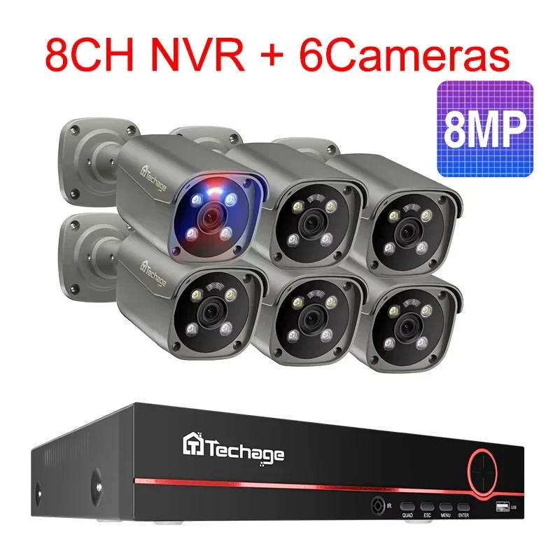 8-kanaals PoE CCTV Set – Beveiligingscamera Systeem – IP Camera Bewaking – Video Surveillance Kit – 8MP Ultra HD – Tweeweg Audio & AI Gezichtsdetectie - 6 Stuks - Geen Ingebouwde HDD
