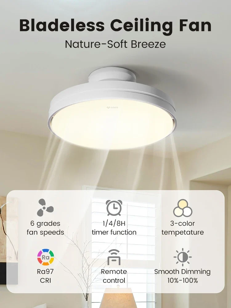 Plafondventilator Bladloze Ventilator Plafondventilator Met Licht Ventilator Met LED – Stil 30W DC Motor – Dimbaar LED Licht 3 Kleuren