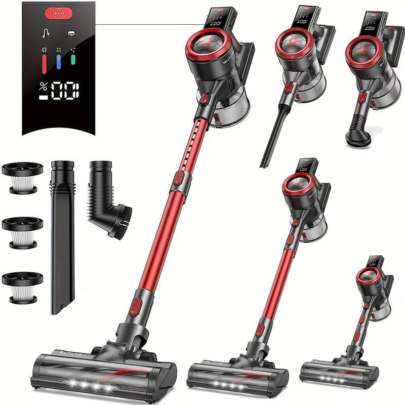 Draadloze Steelstofzuiger – Steelstofzuiger – Kruimeldief – Handstofzuiger – Snoerloze Stofzuiger – 38KPa Zuigkracht – 55 Minuten Gebruikstijd – Rood