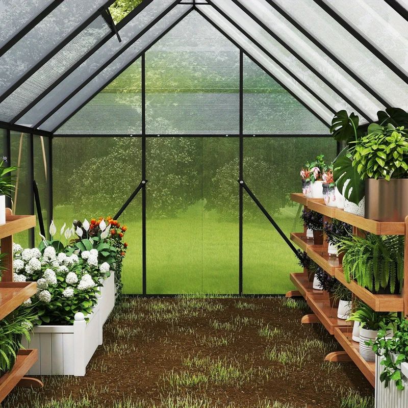 Kas – Serre – Plantenhuis – Tuinkas – Broeikas – Aluminium Frame – Verzinkte Stalen Fundering – Schuifdeur & Dakraam – 340x180x195 cm – 4 mm Polycarbonaat – Weerbestendig & Duurzaam