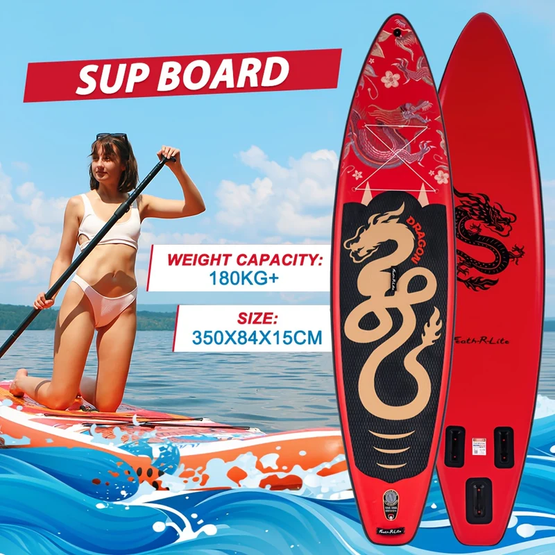 Paddleboard – SUP Board – Opblaasbaar Board – Stand Up Paddle – Watersportboard – Rood Draak Design – 350x84x15 cm – Duurzaam PVC