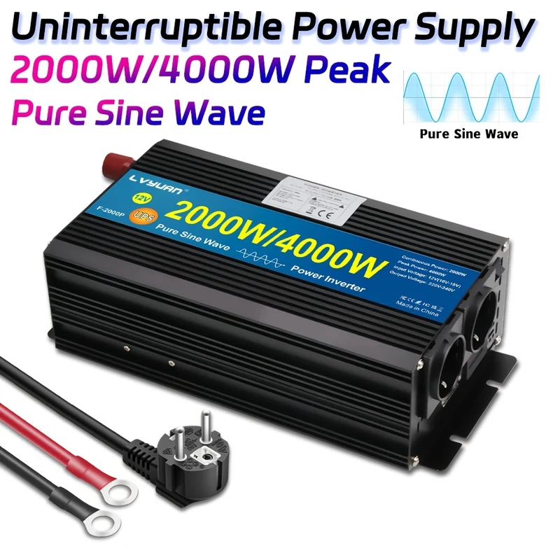 12V Naar 240V Omvormer – Spanningsomzetter – Stroomconverter – Power Inverter – Zuivere Sinusgolf – 2000W Continu Vermogen – LCD Display