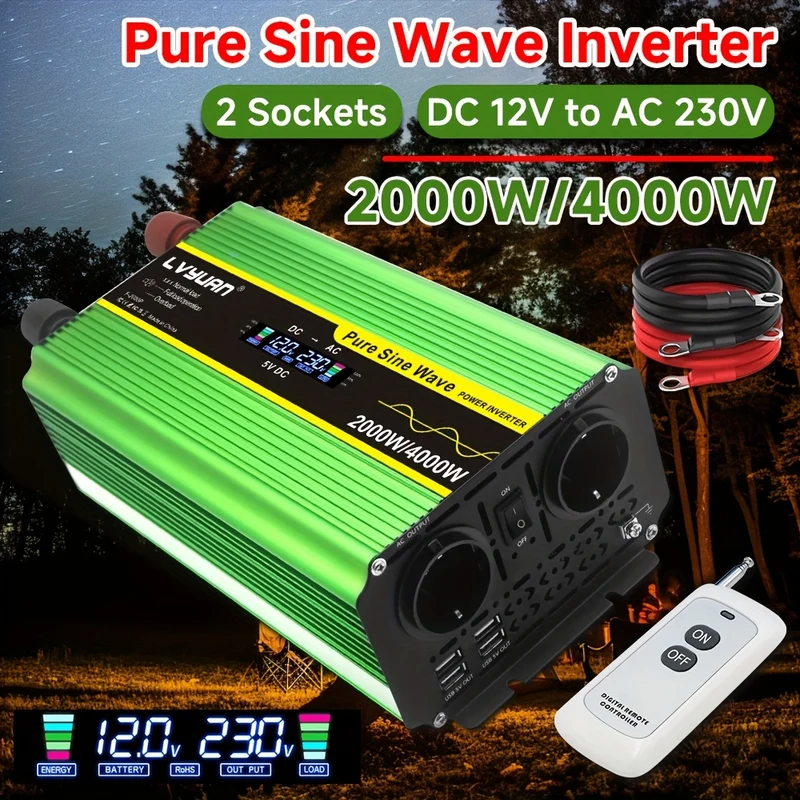 Omvormer 2000W – Stroomomzetter – Spanning Converter – Inverter – Power Inverter – Pure Sinusgolf – 3 UK Stopcontacten – 4 USB-poorten – LCD Display – Afstandsbediening