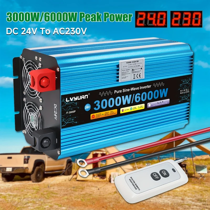 Omvormer 24V – Spanningomvormer – Inverter – DC naar AC Converter – Elektrische Omzetter – Krachtige 3000W Output – Aluminium Behuizing