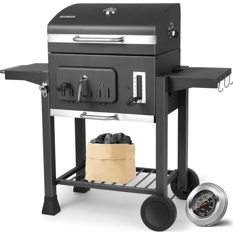 Houtskoolbarbecue – BBQ – Smoker – Kamado – Kogelbarbecue – Groot Grilloppervlak 54x41 cm – Met Deksel en Thermometer – Stevige Kar met Wieltjes – Metaal Grijs