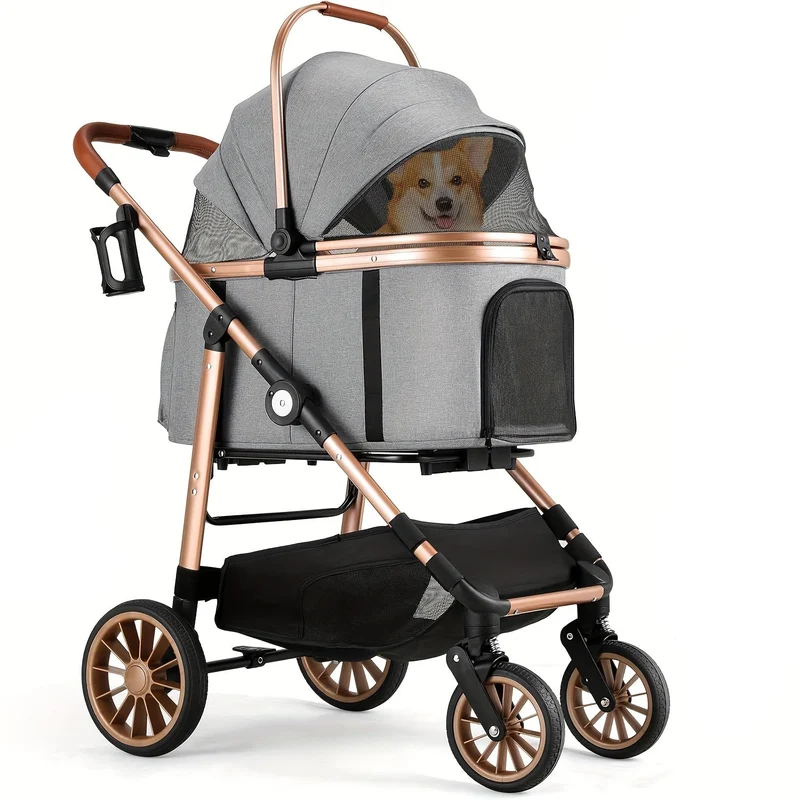Hondenbuggy – Dierenwagen – Hondenwagen – Huisdierenwagen – Wandelwagen – 4-in-1 Multifunctioneel – Stevig Carbon Stalen Frame – Geschikt Tot 25 kg – Champagne Goud / Grijs