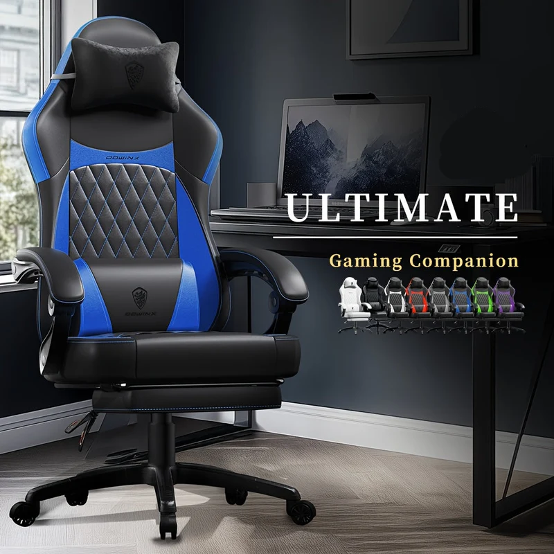 Gamingstoel – Gamestoel – Gaming Chair – Bureaustoel – Racestoel – Zwart Blauw – RVS Frame – Verstelbare Rugleuning