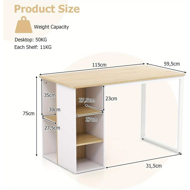 Computertafel – Bureau – Werktafel – Thuiskantoor Tafel – Studie Bureau – Natuurlijk Hout – 115 x 59,5 cm – Verstelbare Poten