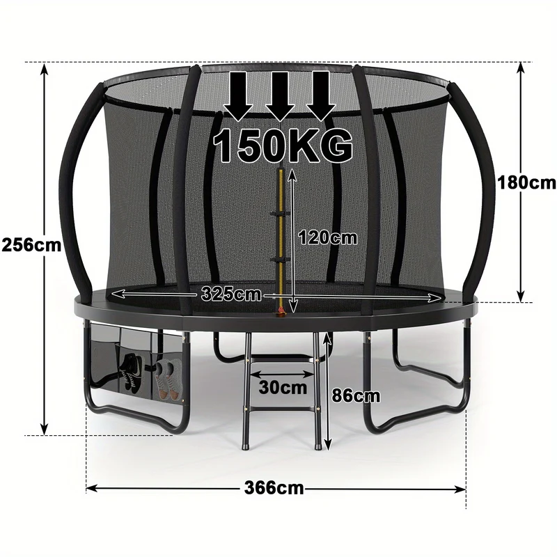 Trampoline Buiten – Springkussen – Speeltoestel – Veiligheidsnet Trampoline – Zwart 366cm – Roestvrij Stalen Frame – Inclusief Ladder en Schoenenzak