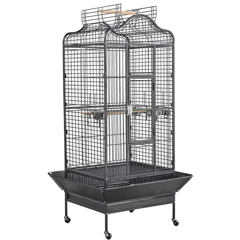 Vogelkooi – Papegaaienkooi – Parkietenkooi – Grasparkietenkooi – Volière – Met Wieltjes – Zwart Gepoedercoat Metaal – Ruim Leefgebied 60,5x56x113 cm