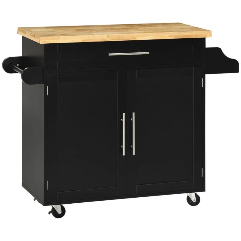 Keukenwagen – Keukentrolley – Serveerwagen – Rolwagen – Keukenkar – Zwart – Stevig Metalen Frame – Ruim Werkblad 109x41 cm