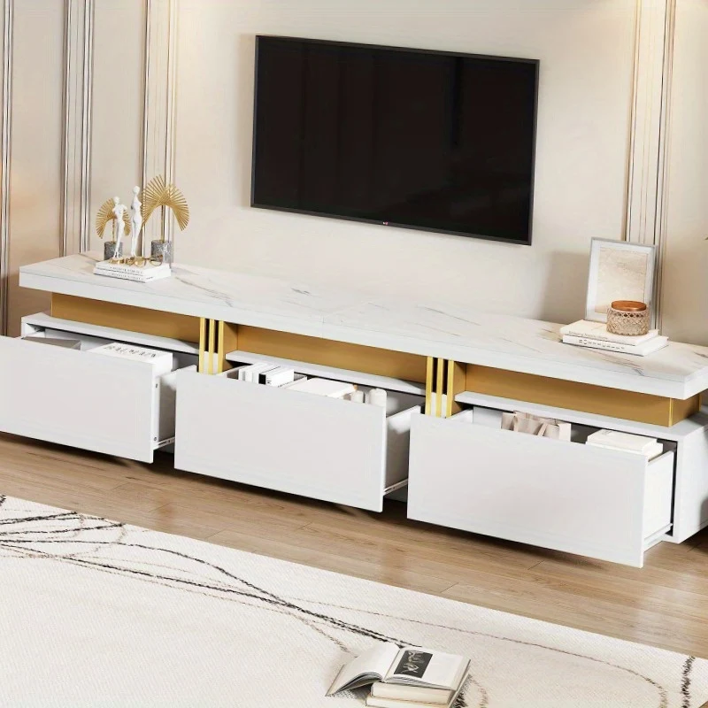 Modern TV-meubel – TV-meubel – Tv-kast – TV-standaard – Mediameubel – Marmerlook Design – Kabelmanagement – Geschikt voor 90 inch TV – 3 Ruime Lades – Duurzaam Niet-Houten Materiaal – Wit