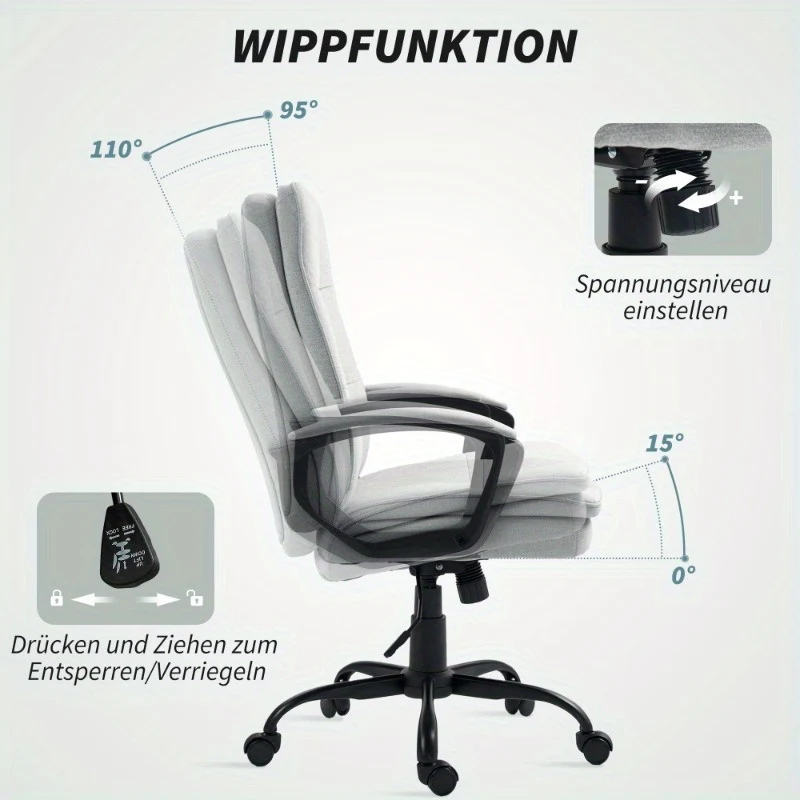 Ergonomische Bureaustoel – Kantoorstoel – Werkstoel – Bureaustoel Thuis – Draaistoel – Verstelbare Hoogte – Kantelmechanisme – 360° Draaibaar – Linnen Bekleding – Metalen Frame – Grijs
