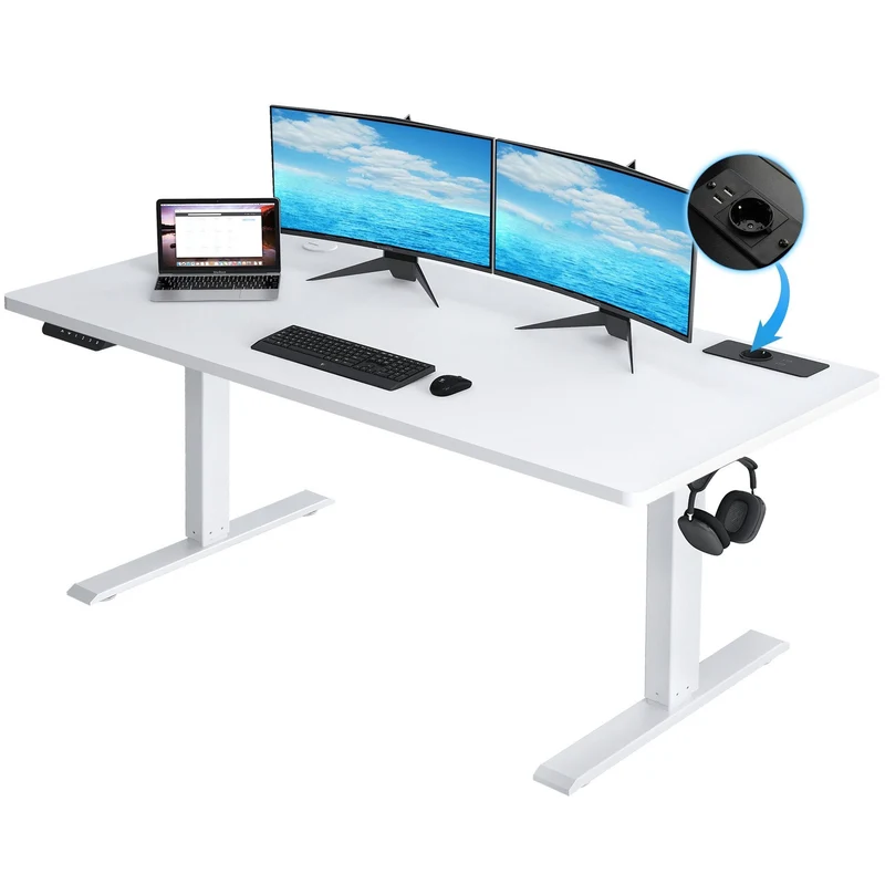 Verstelbaar Bureaublad – Zit-Sta Bureau – Elektrisch Bureau – Bureautafel – Werkplek Bureau – 140x60 cm – Melamine Gecoat – Geïntegreerde Stopcontacten