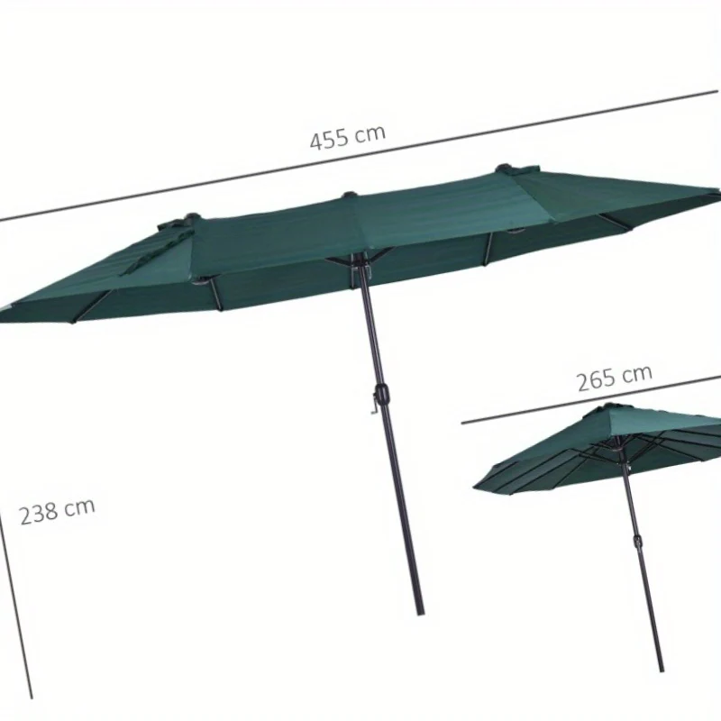 Large Patio Umbrella with Cross Base, 460x270 cm, 2.7m Diameter, Dark Green Polyester Canopy, ABS Frame, Hand Crank, Heavy Duty for Garden, Balcony, Outdoor Use, High Stability, Wind Resistant.