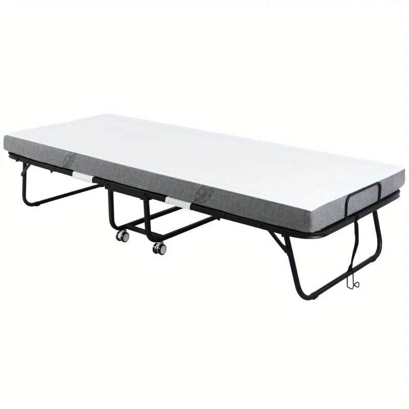 Inklapbaar Logeerbed – Opklapbed – Gastbed – Vouwbed – Logeerbed Met Wielen – Wit/Zwart – Stalen Frame – Comfortabel Schuimmatras 200x75x42,5 cm