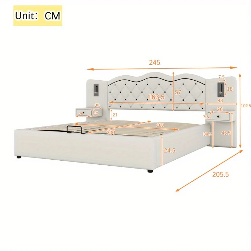 Bedframe – Ledikant – Slaapbank – Boxspring – Bed met Opbergruimte – Beige – Hydraulische Lift – Geïntegreerd Hoofdbord – 180x200 cm – Zachte Stof